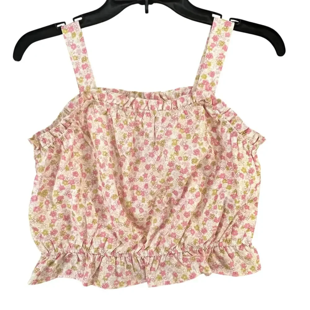 Hayden Crop Balloon Tank Top Girl L Pink Textured Ditsy Floral Cottage Tween NEW
